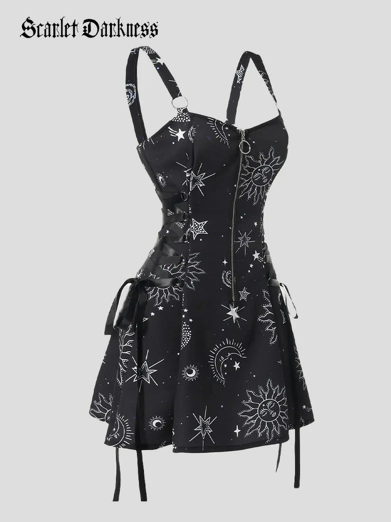 Scarlet Darkness Women's Gothic Print Suspender A-Line Dress