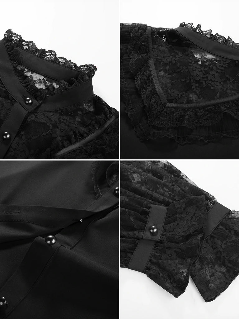Scarlet Darkness Victorian Lace Patchwork Stand Collar Shirt Tops