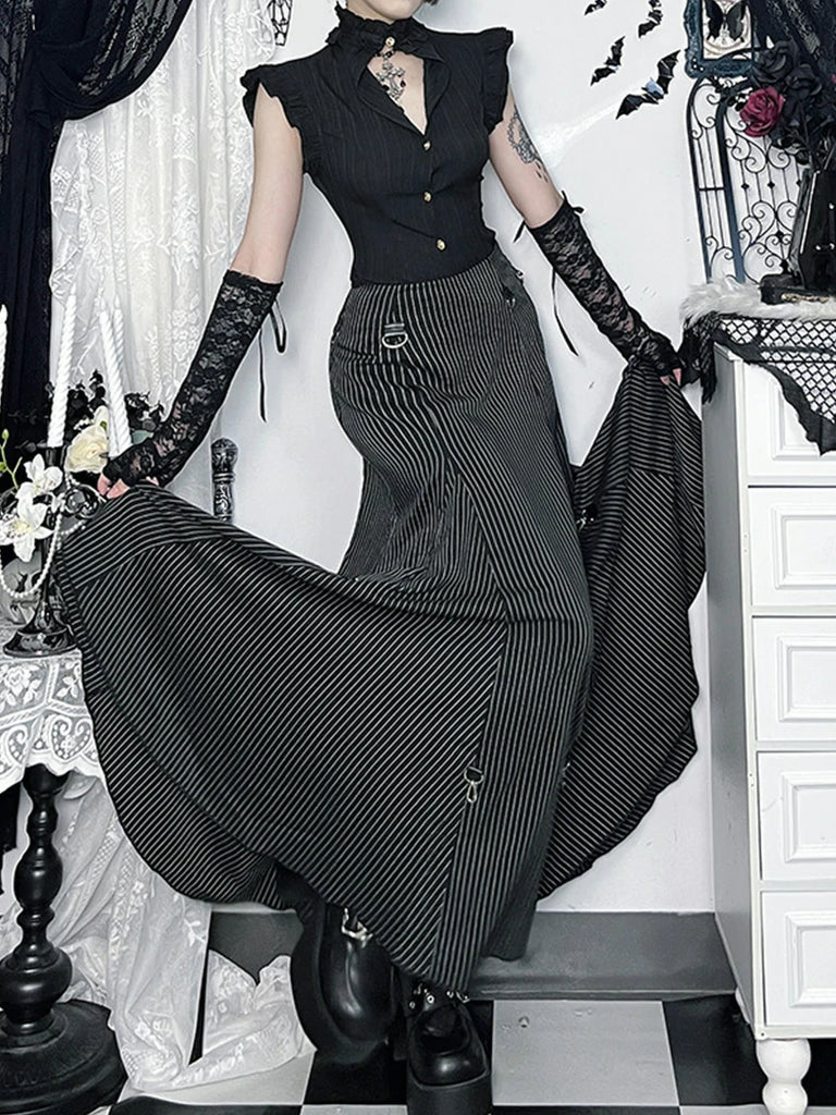 Scarlet Darkness Women Punk High-Low Striped Midi Witch Skirt Black