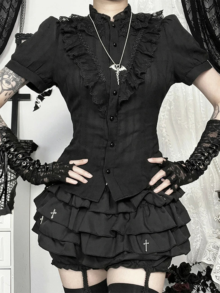 Scarlet Darkness Women Gothic Jacquard Textured Short-sleeved Shirt