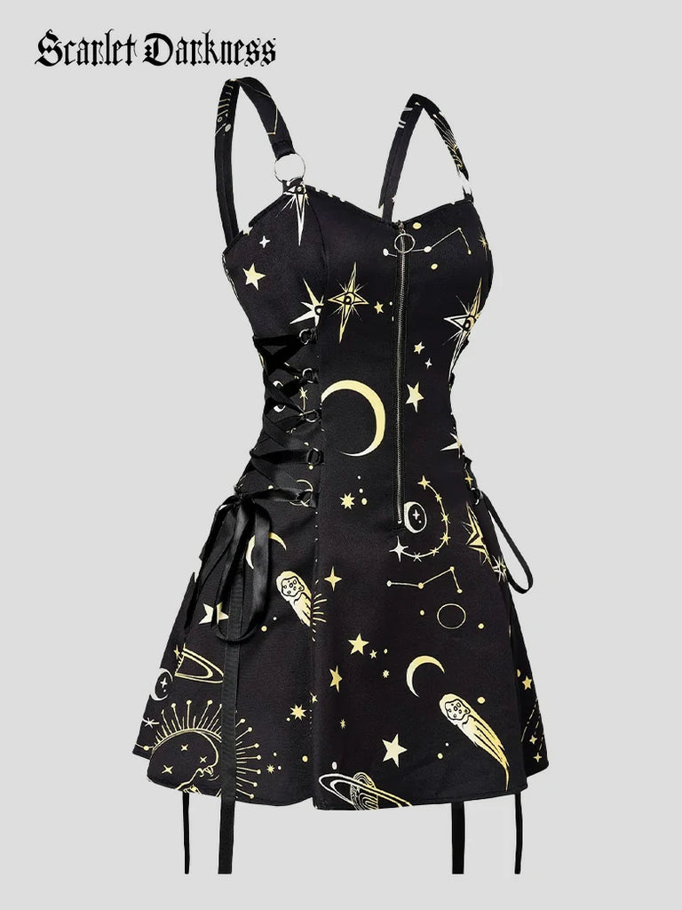 Scarlet Darkness Women's Gothic Print Suspender A-Line Dress