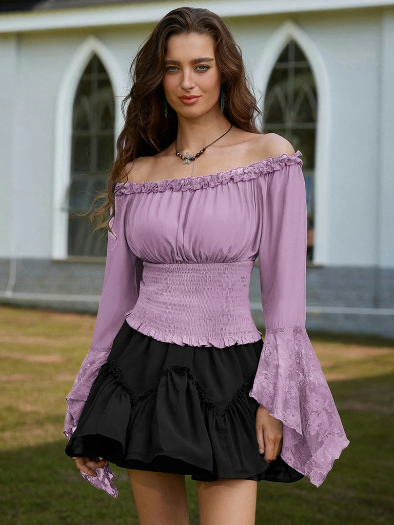 Scarlet Darkness Women Off Shoulder Wide Lace Sleeves Pullover Tops