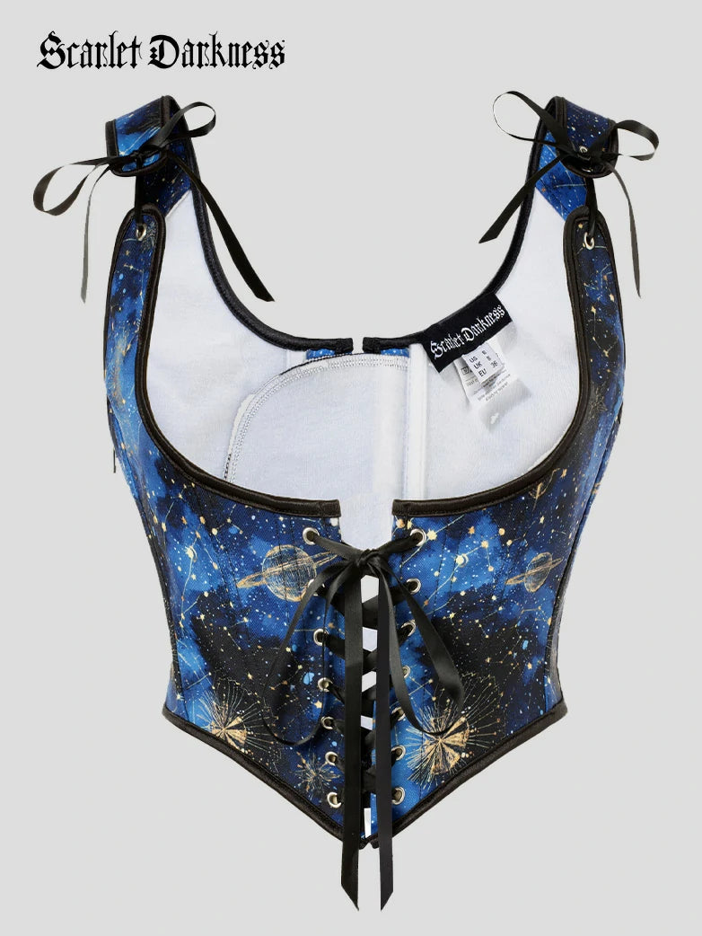 SCARLET DARKNESS Renaissance korset voor dames, U-hals, corsage met vetersluiting, Cottagecore korset, top, donkerblauw, 36