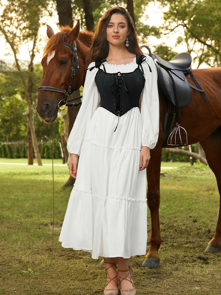 Scarlet Darkness Renaissance Costume Set Maxi Dress+Bones Corset