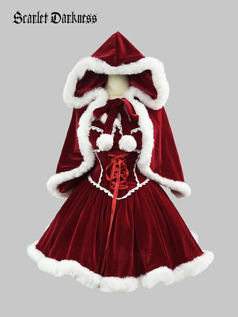 Scarlet Darkness Christmas Party Plush Sweetheart Dress Set Dress + Cape + Accs