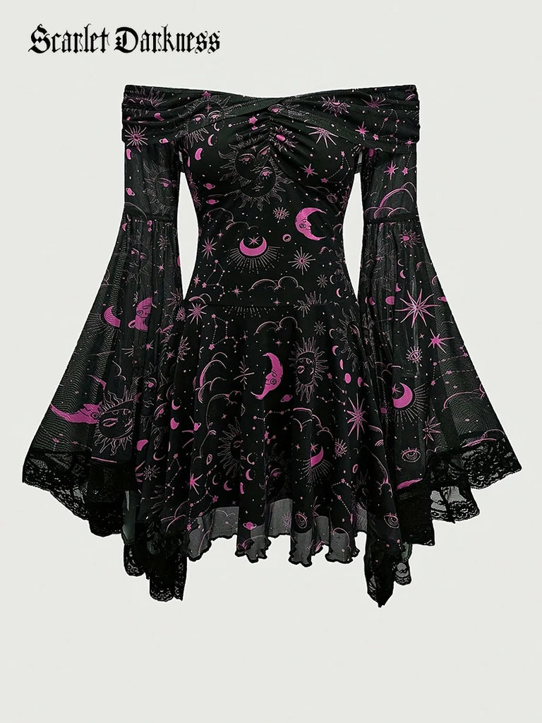 Scarlet Darkness Gothic Whimsical Off Shoulder Bell Sleeve Dress Pink