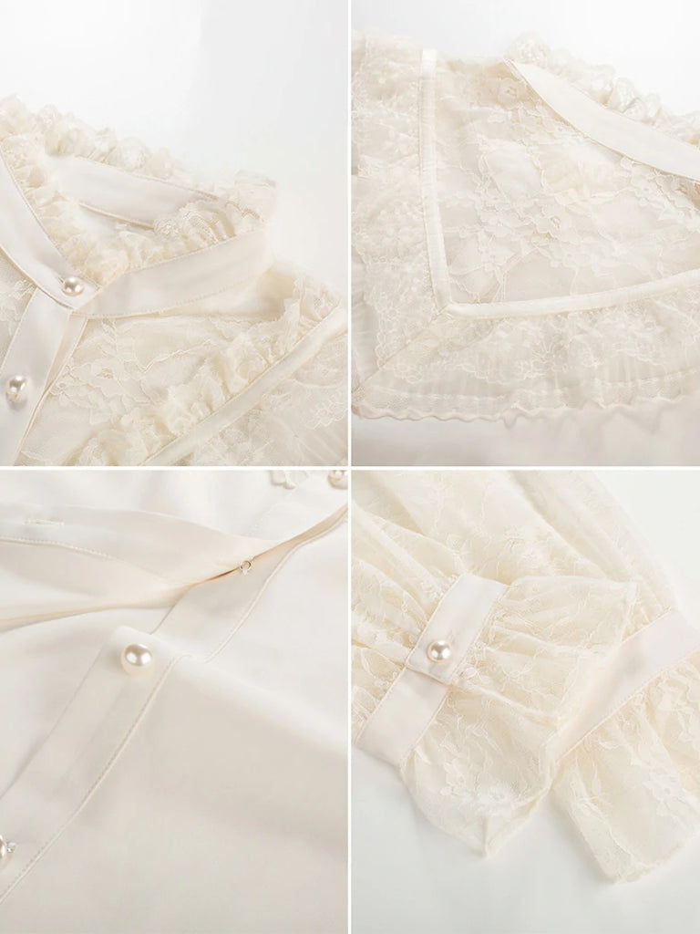 Scarlet Darkness Victorian Lace Patchwork Stand Collar Shirt Tops