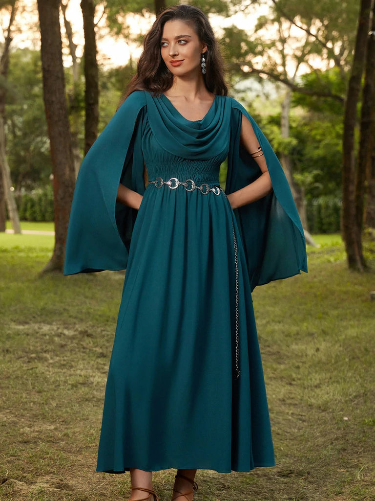 Scarlet Darkness Renaissance Fairy Slit Sleeve Draped Neck Pockets Dress