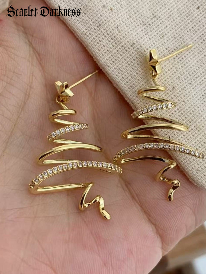 Scarlet Darkness Multi-layered Wrapped Star Christmas Tree Earrings