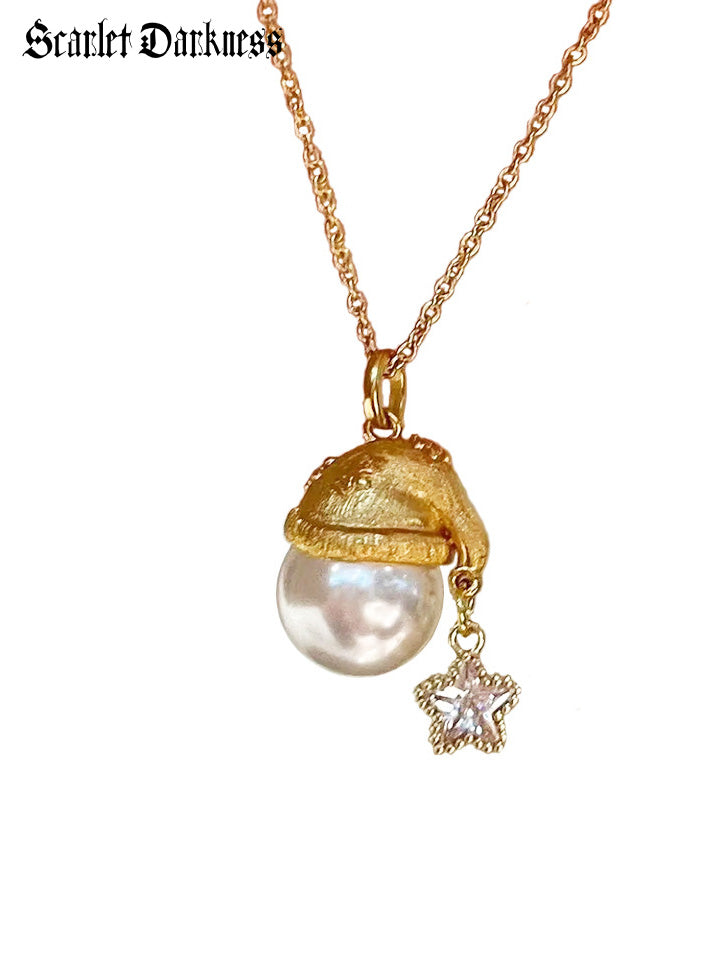 Scarlet Darkness Lovely Christmas Hat Pearl Pendant Necklace 1