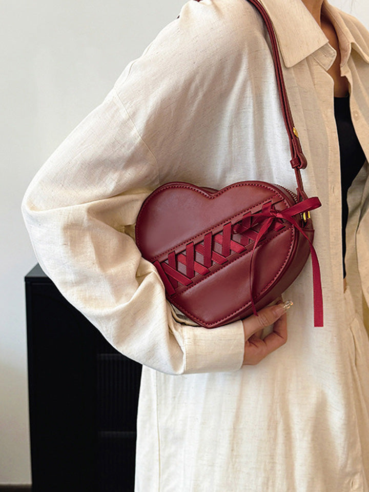 Scarlet Darkness Burgundy Heart-Shaped Ribbon Bow Shoulder Crossbody Bag