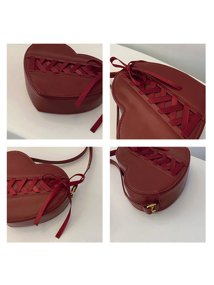 Scarlet Darkness Burgundy Heart-Shaped Ribbon Bow Shoulder Crossbody Bag