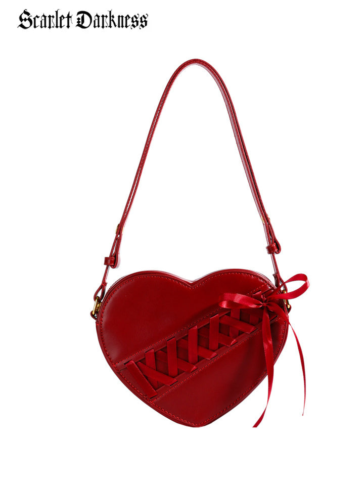 Scarlet Darkness Burgundy Heart-Shaped Ribbon Bow Shoulder Crossbody Bag Burgundy