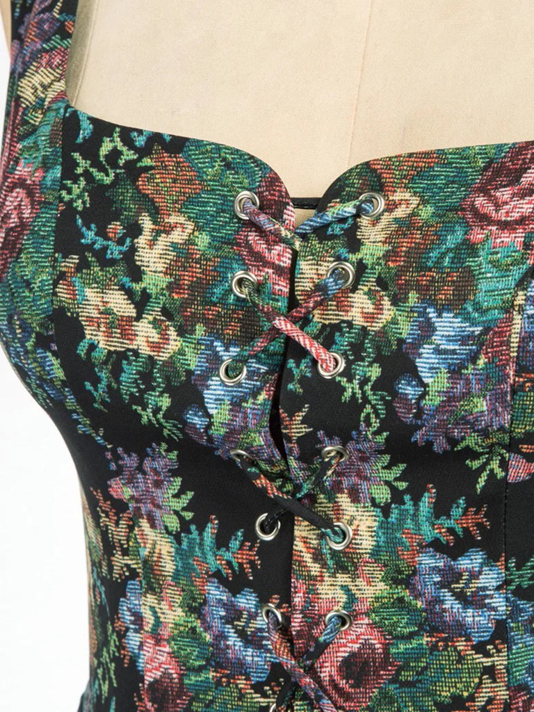 Vintage Lace-up Floral Pattern U-Back Corset Vest SCARLET DARKNESS