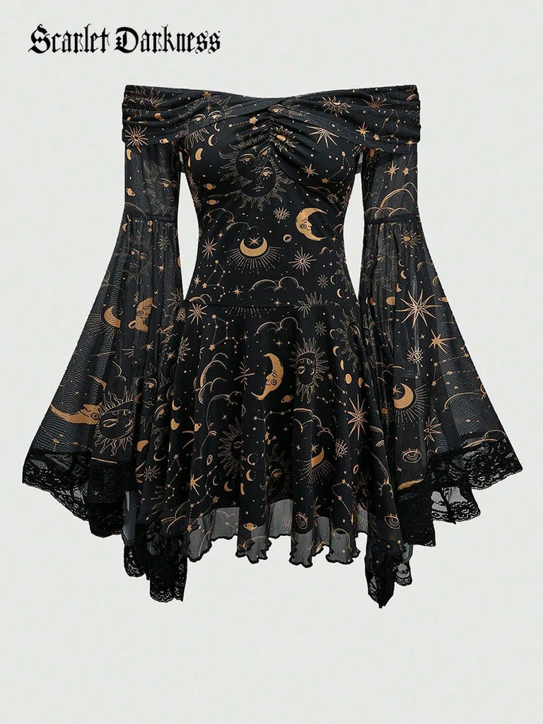 Scarlet Darkness Gothic Whimsical Off Shoulder Bell Sleeve Dress Golden