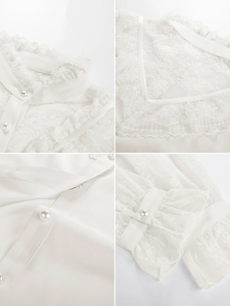 Scarlet Darkness Victorian Lace Patchwork Stand Collar Shirt Tops