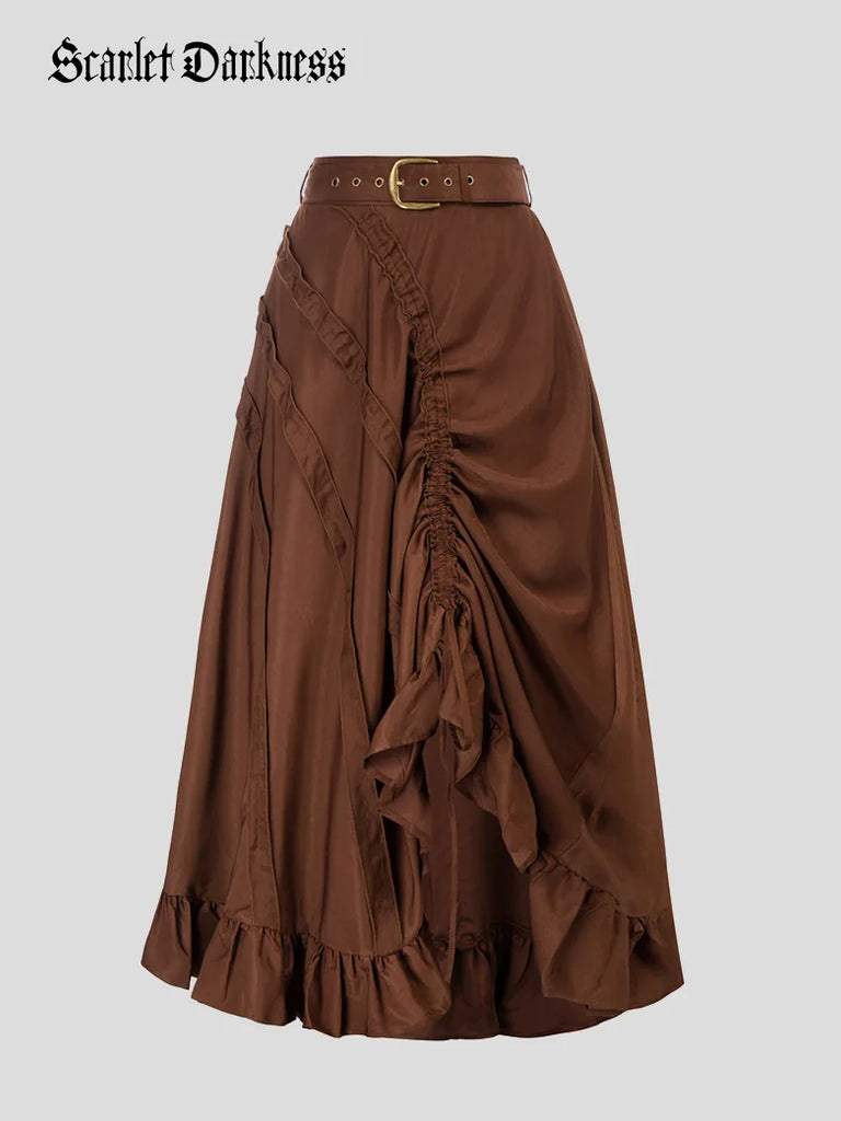 Ruffled Hem Drawstring Flared Maxi Skirt with Belt SCARLET DARKNESS