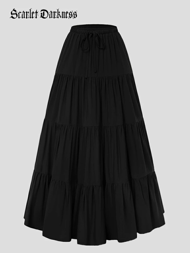 Scarlet Darkness Renaissance Drawstring Swing Maxi Skirt with Pockets Black