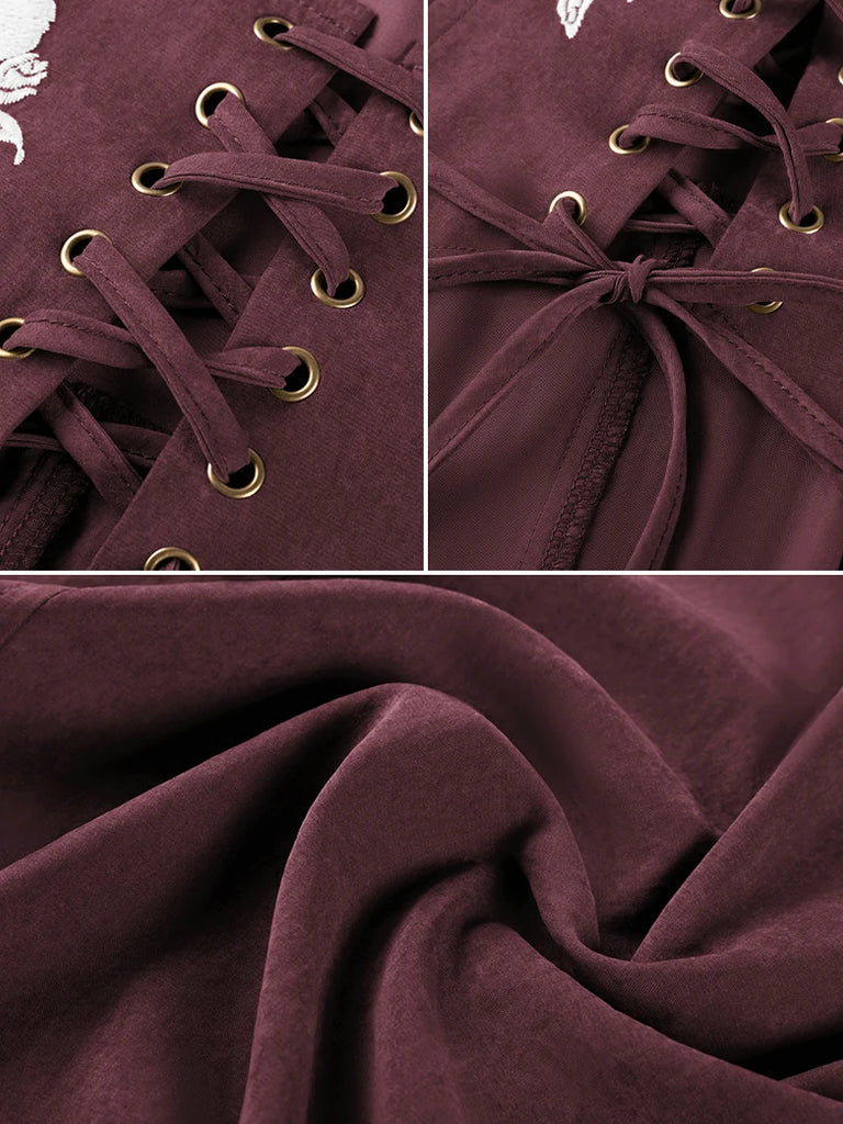 Scarlet Darkness Renaissance Warrior Rose-embroidered Hooded Vest Dress