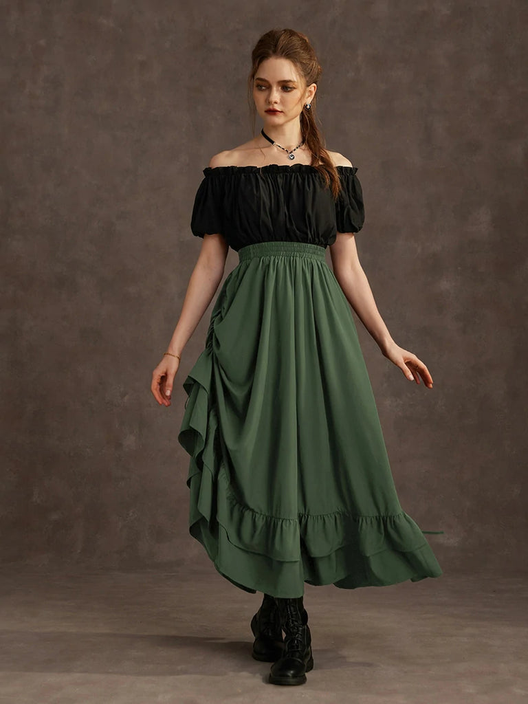 Scarlet Darkness Women Punk Ruffled High-Low Drawstring Skirt