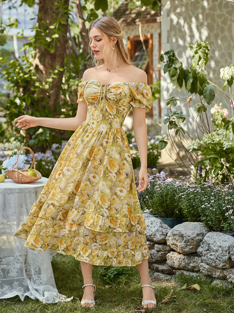 Scarlet Darkness Victoria Off Shoulder Double-Layer Hem Pockets Dress