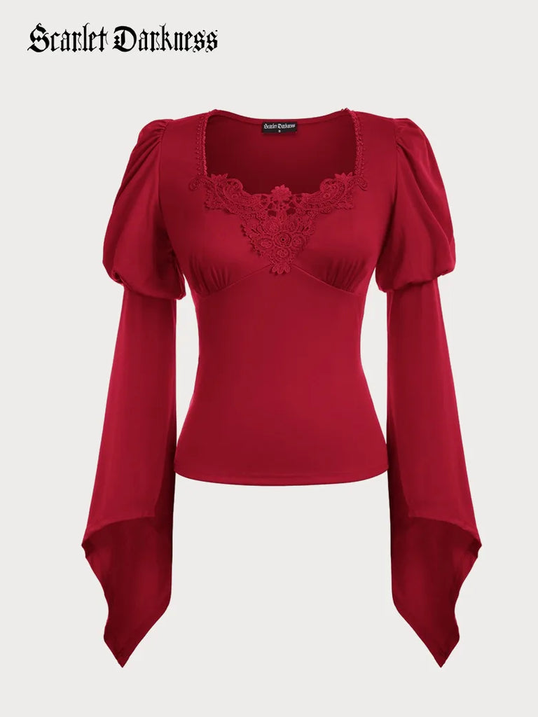 Lace Decorated Pointed Sleeves Puffed Sleeve Tops SCARLET DARKNESS