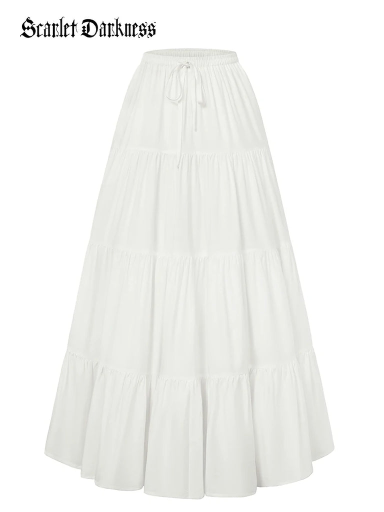 Scarlet Darkness Renaissance Drawstring Swing Maxi Skirt with Pockets White