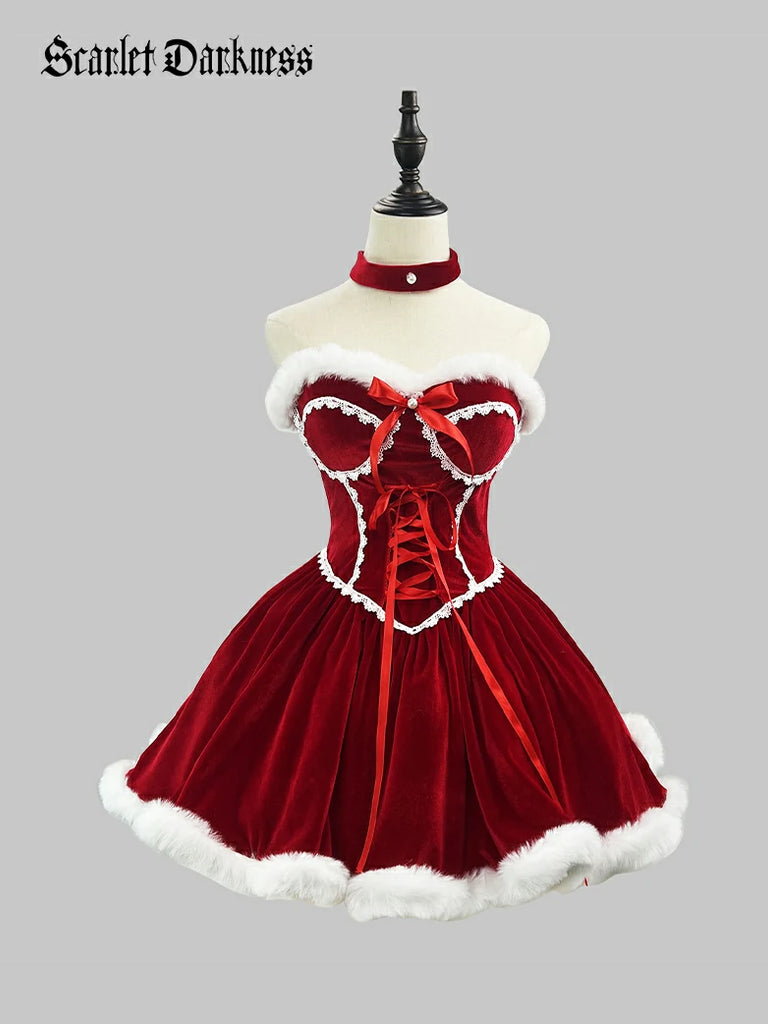 Scarlet Darkness Christmas Party Plush Sweetheart Dress Set Dress + Accs