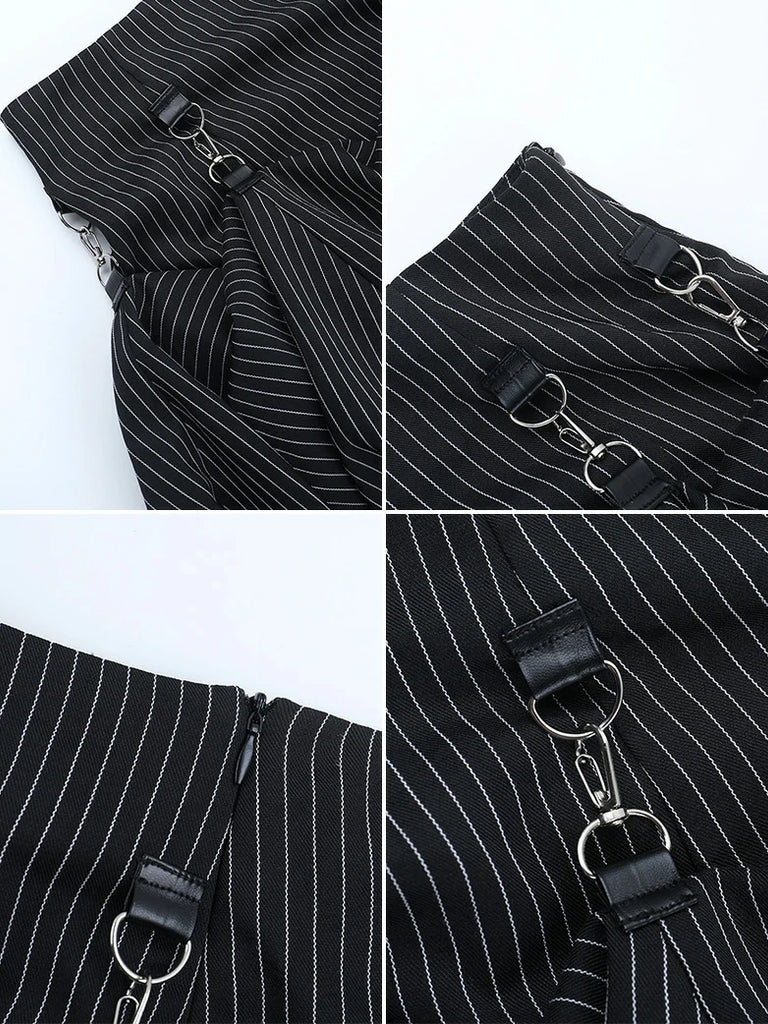 Scarlet Darkness Women Punk High-Low Striped Midi Witch Skirt