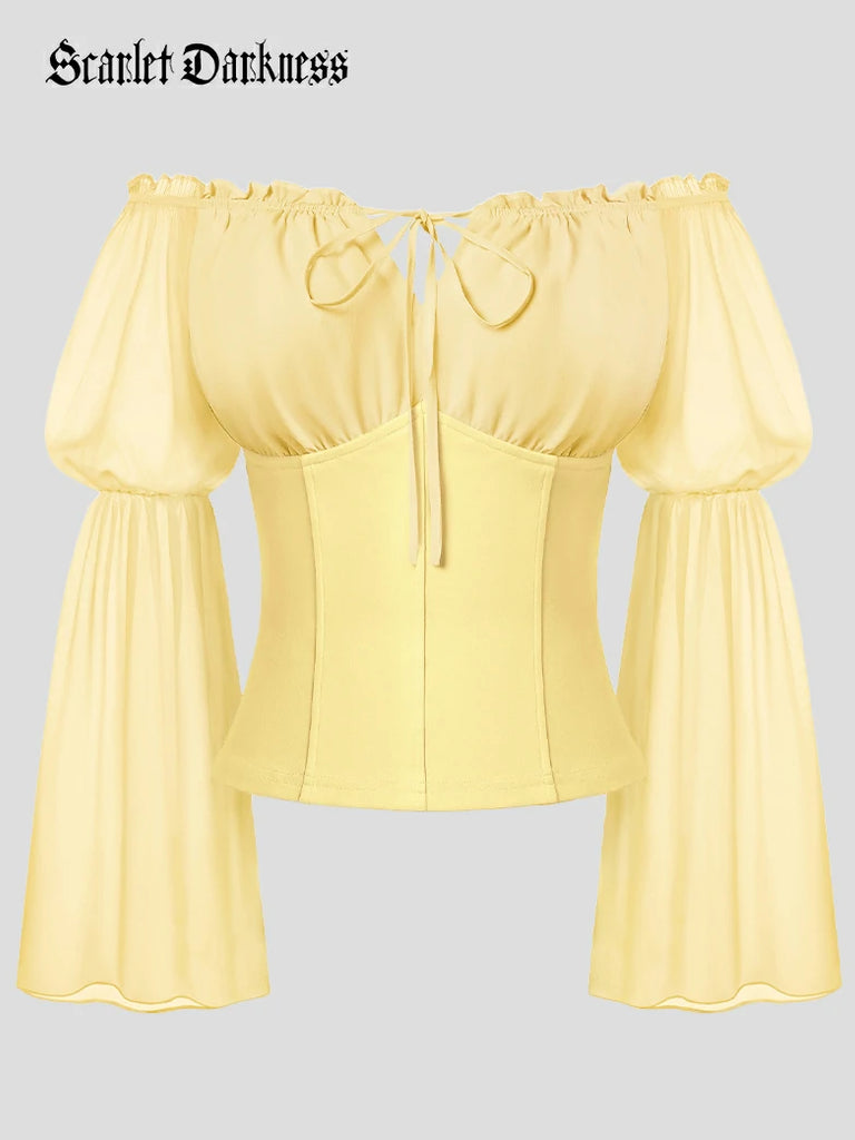 Scarlet Darkness Renaissance Fantasy Fairy Off-Shoulder Chiffon Blouse Yellow