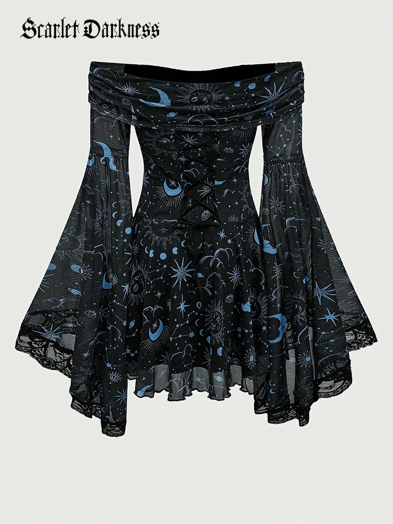 Scarlet Darkness Gothic Whimsical Off Shoulder Bell Sleeve Dress