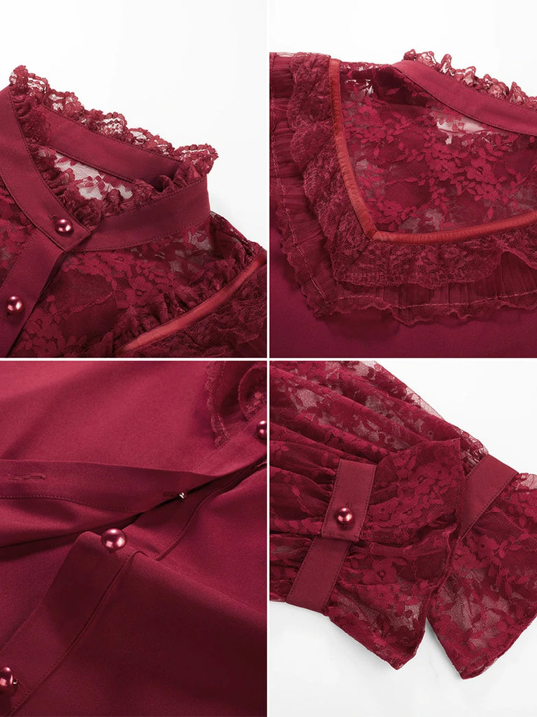 Scarlet Darkness Victorian Lace Patchwork Stand Collar Shirt Tops