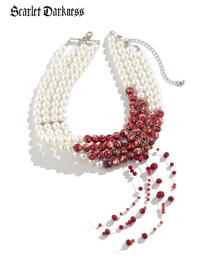 Four-Layer Fringe Vampire Dripping Blood Pearls Necklace SCARLET DARKNESS