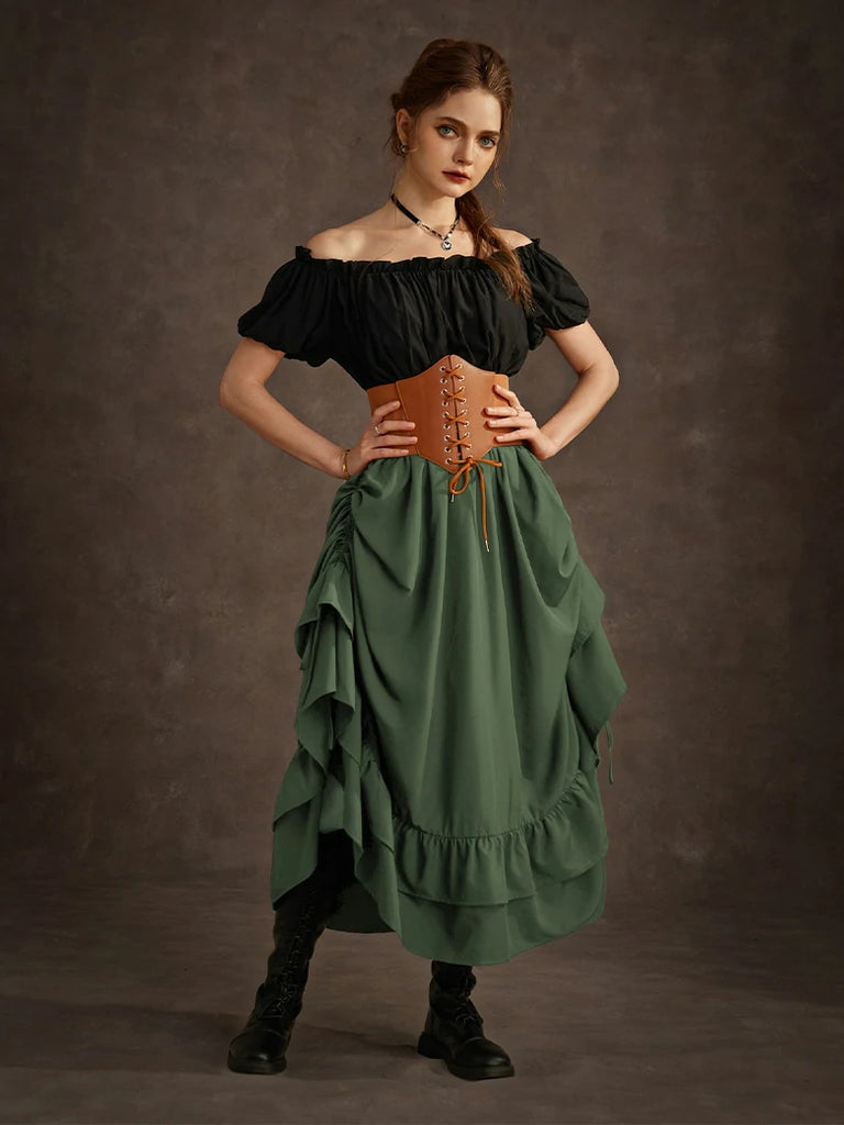 Scarlet Darkness Women Punk Ruffled High-Low Drawstring Skirt