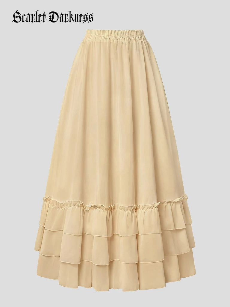 Scarlet Darkness Women Renaissance Tiered Swing Pocket Skirts Apricot