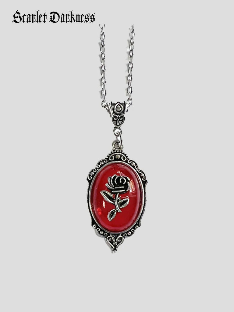 Scarlet Darkness Vintage Heart Gem Necklace Red