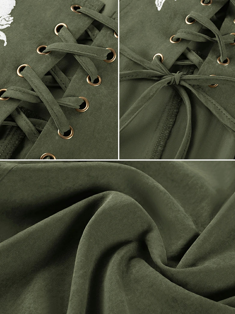 Scarlet Darkness Renaissance Warrior Rose-embroidered Hooded Vest Dress