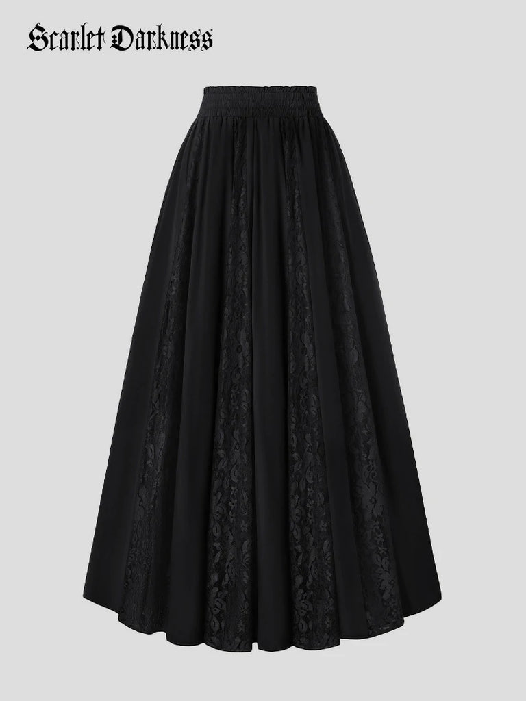 Scarlet Darkness Renaissance Lace Swing Maxi Skirt with Pockets Black