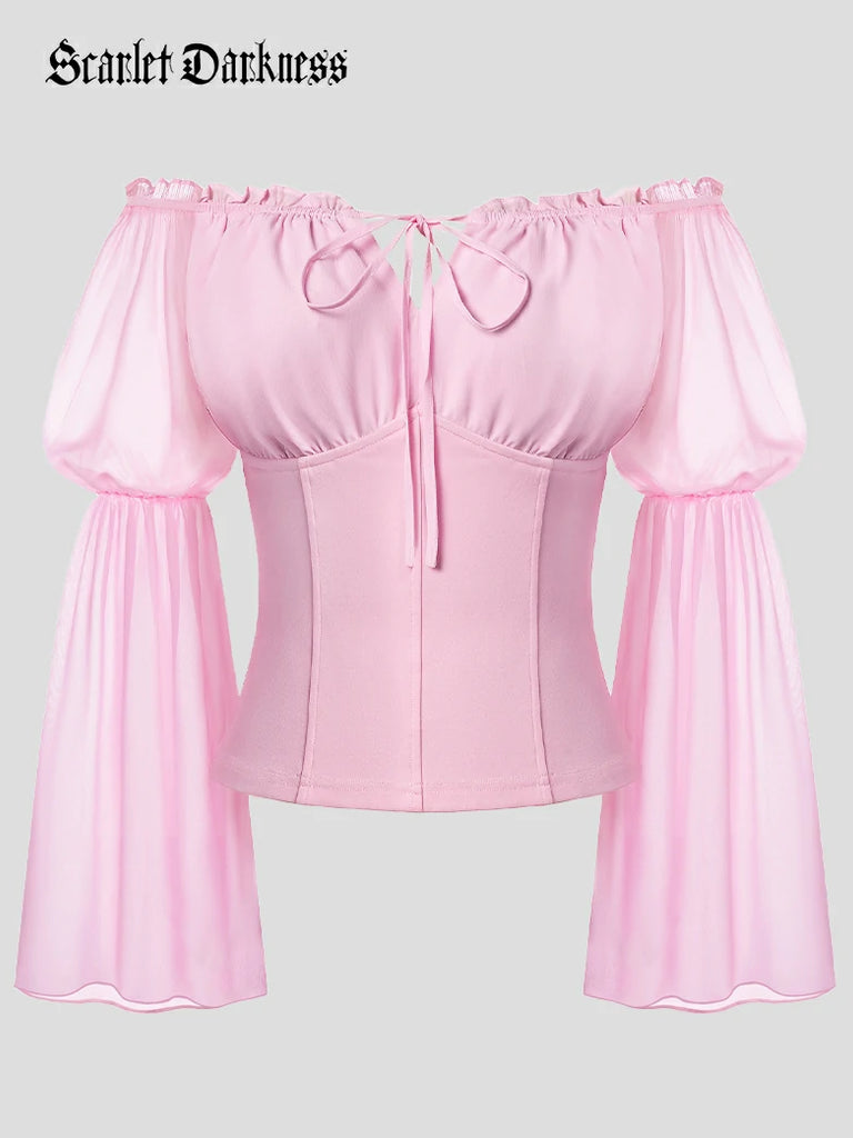 Scarlet Darkness Renaissance Fantasy Fairy Off-Shoulder Chiffon Blouse Pink