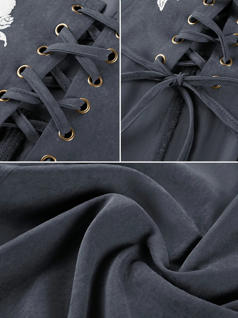 Scarlet Darkness Renaissance Warrior Rose-embroidered Hooded Vest Dress