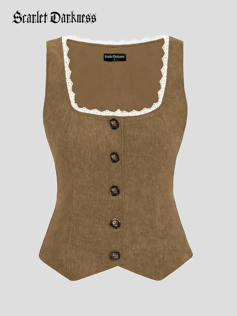 Scarlet Darkness Women Fall Corduroy Vest Button-up Vest Light brown