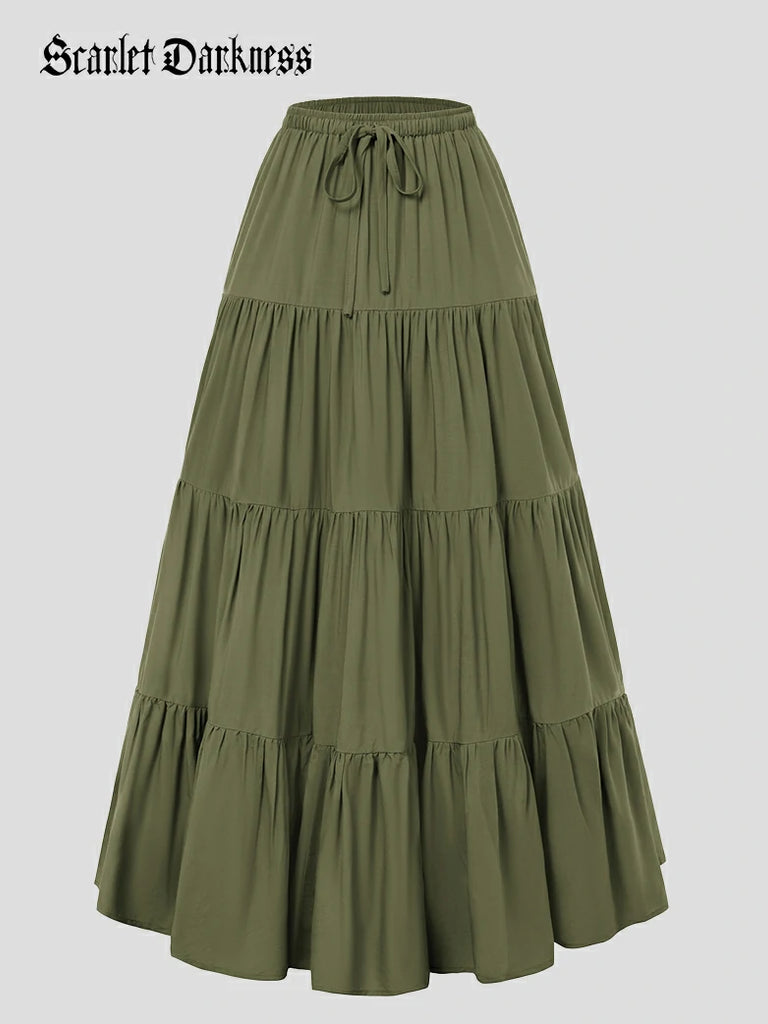 Scarlet Darkness Renaissance Drawstring Swing Maxi Skirt with Pockets Olive green