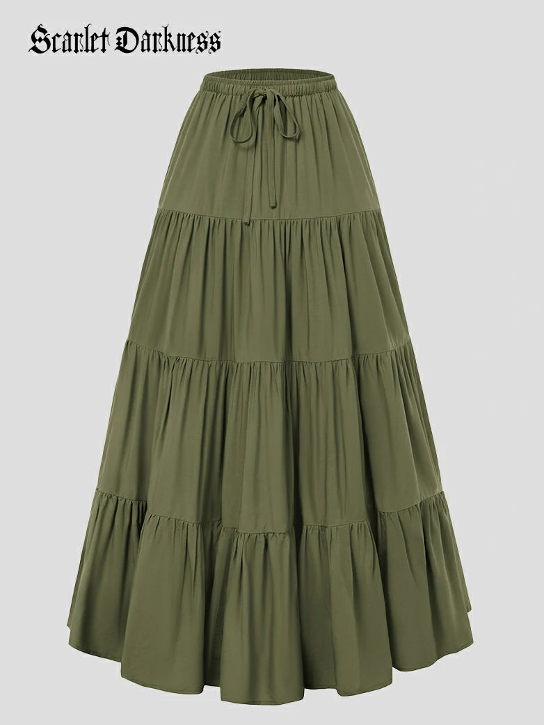 Scarlet Darkness Renaissance Drawstring Swing Maxi Skirt with Pockets
