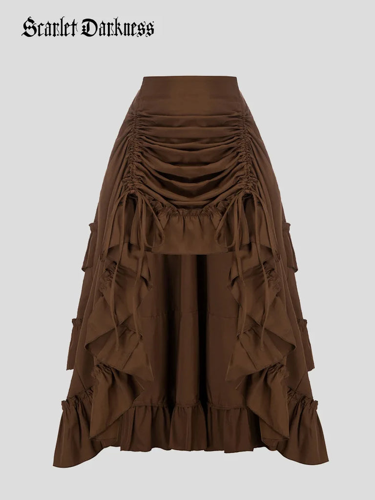 Women Length Adjustable Elastic Waist Ruffle Cake Maxi Skirt SCARLET DARKNESS