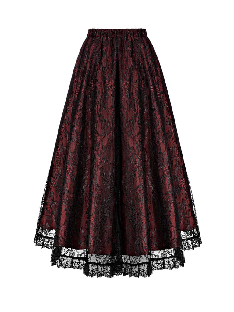 Gothic High-Low Lace Skirt Elastic Waist Swing Skirt Scarlet Darkness