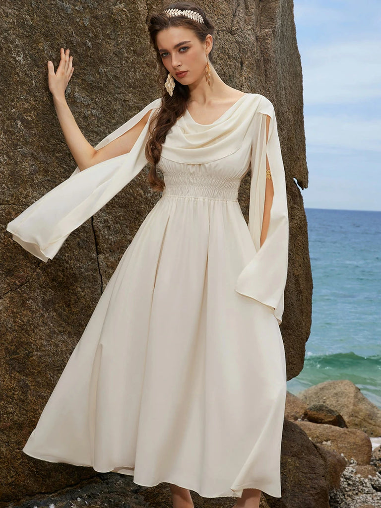 Scarlet Darkness Renaissance Fairy Slit Sleeve Draped Neck Pockets Dress