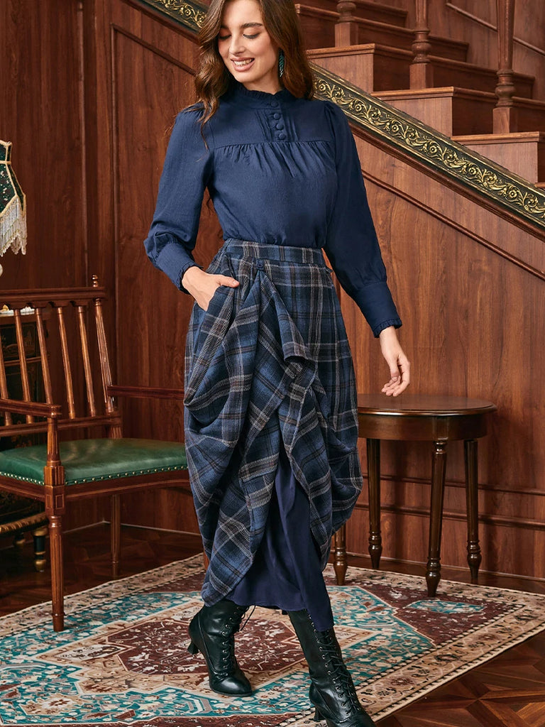 Scarlet Darkness Women Plaided Buckle up Flared Swing Maxi Skirt