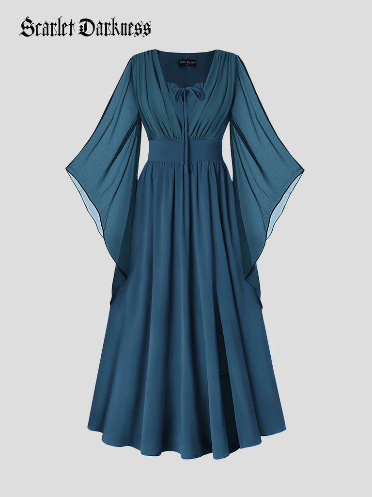 Scarlet Darkness Renaissance Whimsical Front Slit Maxi Pocket Dress Blue