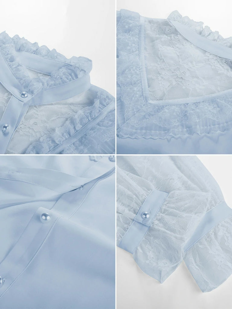 Scarlet Darkness Victorian Lace Patchwork Stand Collar Shirt Tops