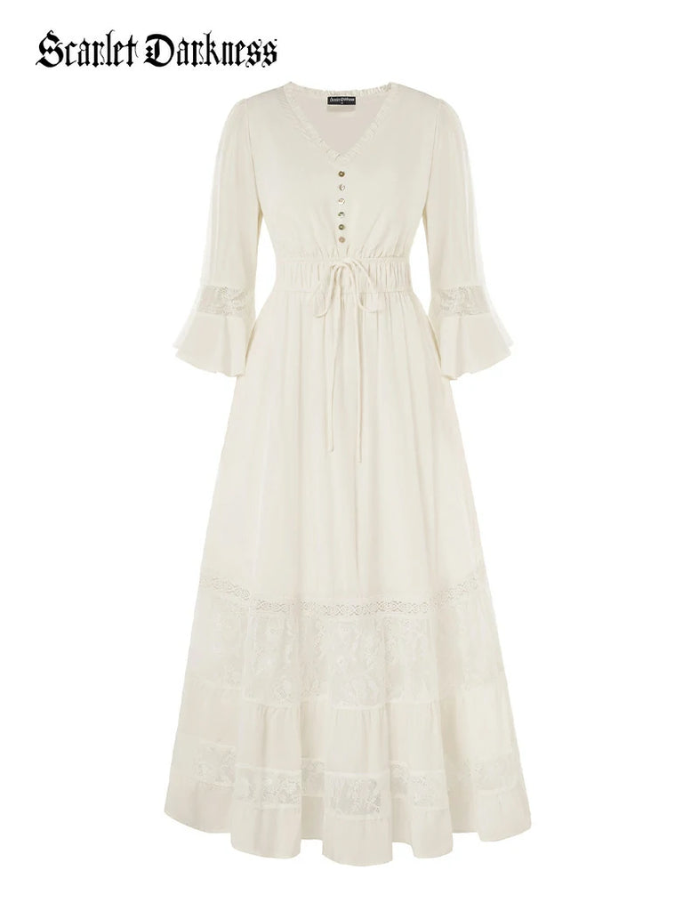 Scarlet Darkness Brown Renaissance Lace Hem Pockets Maxi Dress Ivory